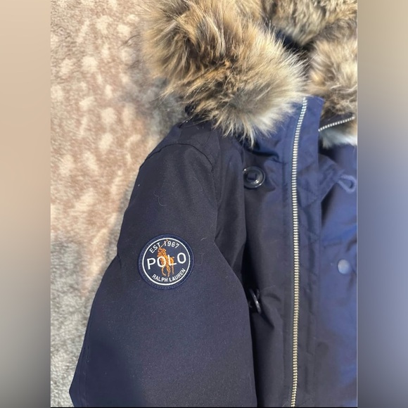RL Navy Down Parka with Fur Hood and Orange Lining - Picture 4 of 5
